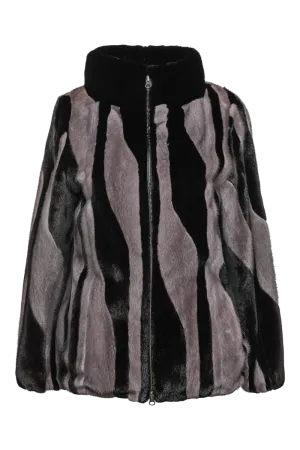 Black Star & Blue Iris Patterned Zip-Up Mink Fur Jacket