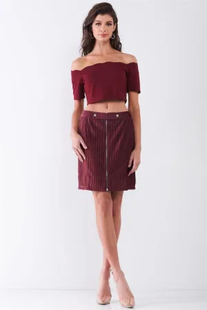 Burgundy Scallop Hem Off-The-Shoulder Short Sleeve Cropped Top /1-2-2-1