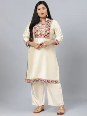 Cream Poly Silk Yoke Design Kurta teamed with Solid Palazzo Pants