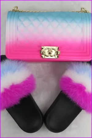 Hot Pink White Blue Fur Slides & Bag Set F727 B04