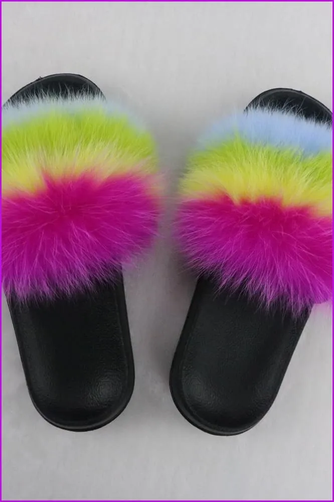 Hot Pink Yellow Green Blue Mixed Fur Slides F726-06