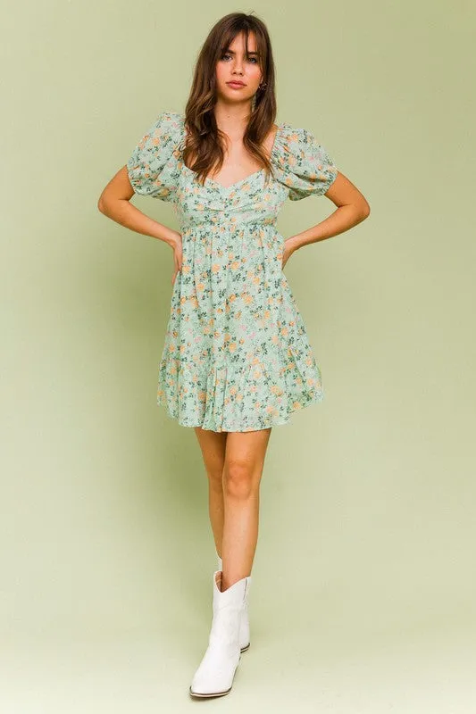 Meadows Short Sleeve Green Floral Mini Dress