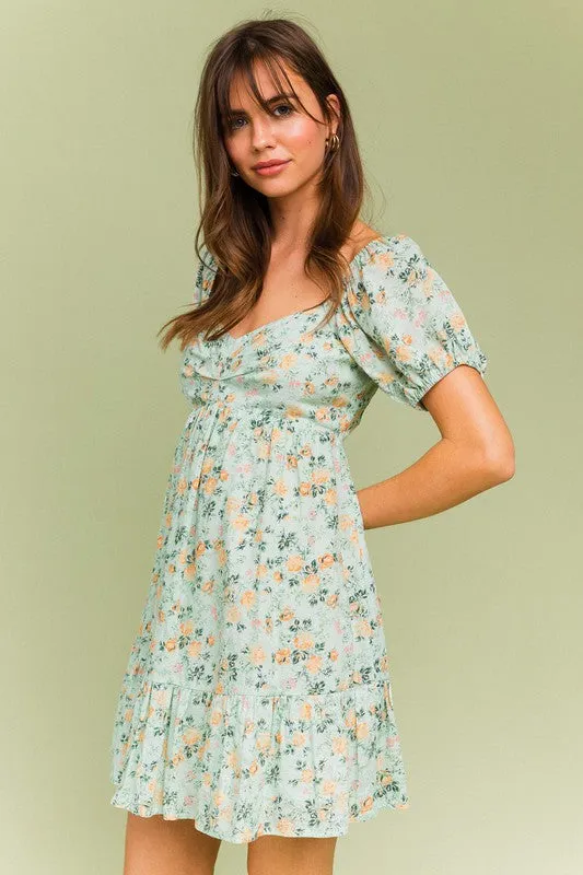 Meadows Short Sleeve Green Floral Mini Dress