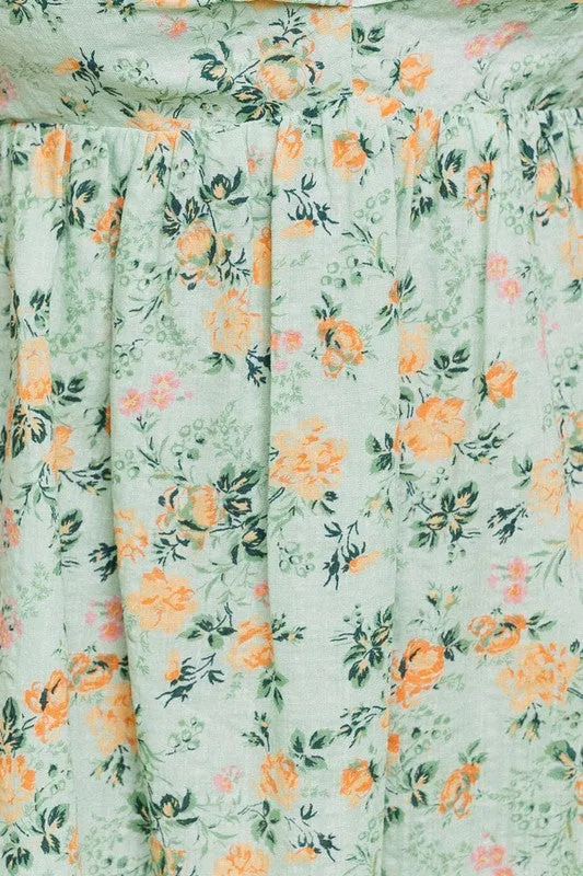 Meadows Short Sleeve Green Floral Mini Dress