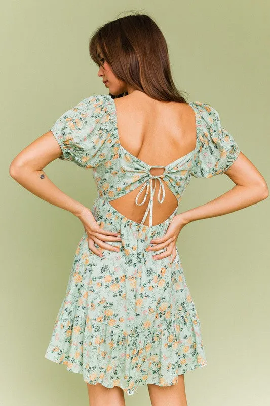 Meadows Short Sleeve Green Floral Mini Dress