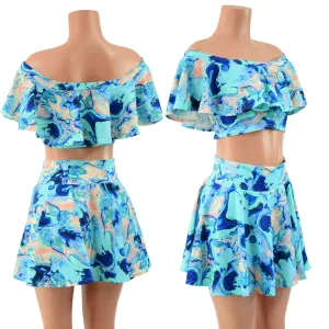 Off Shoulder Ruffled Crop and 15" Circle Cut Mini Skirt in Lapis Lagoon