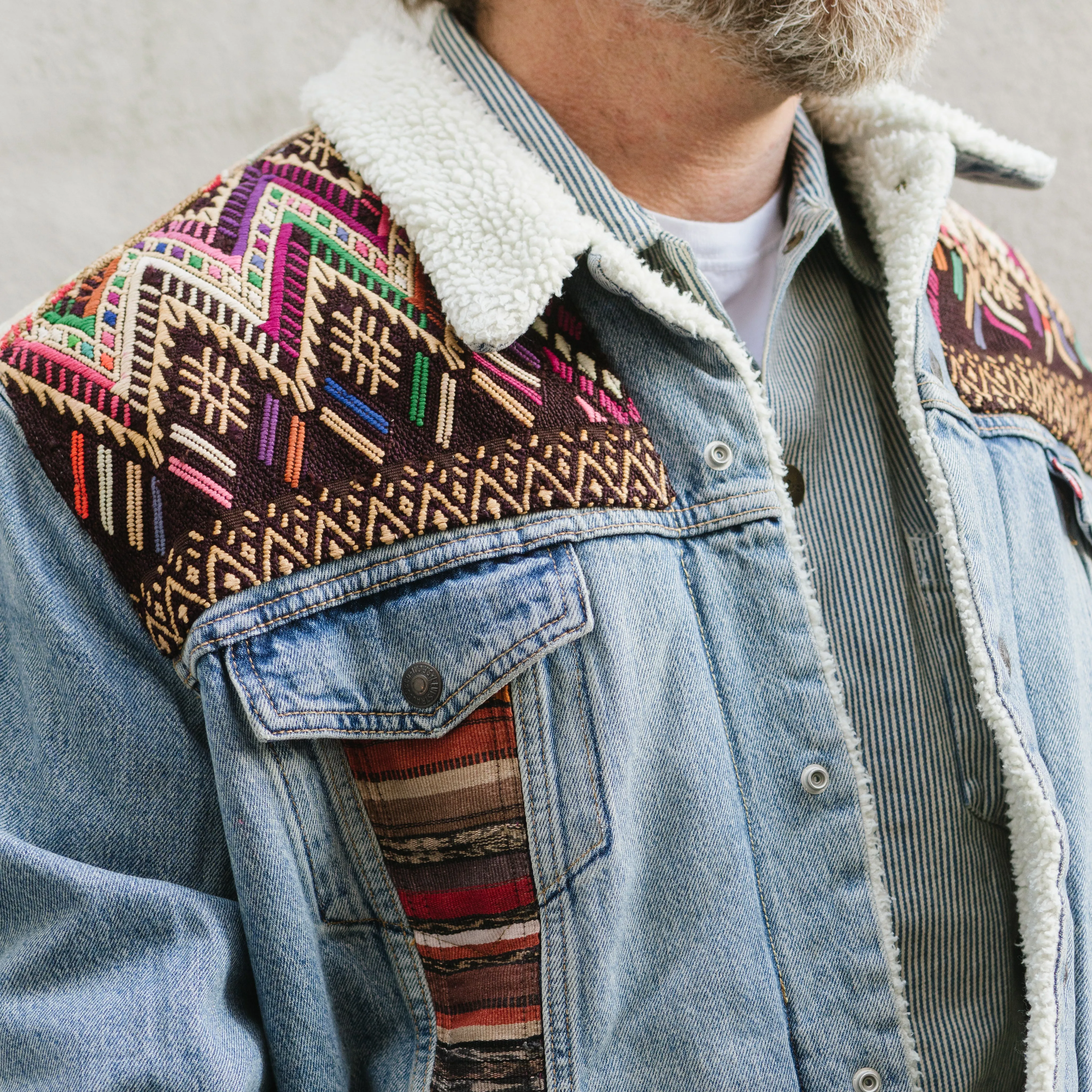 OOAK EMBELLISHED DENIM SHERPA JACKET - SIZE XXL - NO. 15063