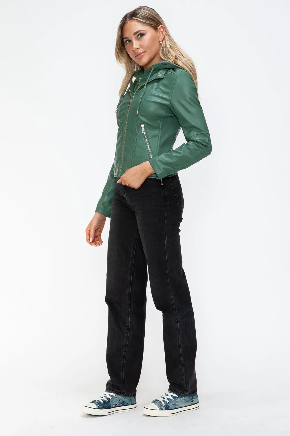 Sage Leather Zip-Up Drawstring Hooded Jacket
