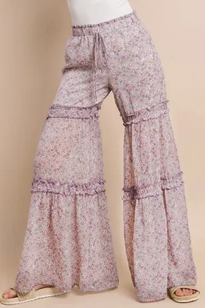 Wisteria Lane Chiffon Floral Print Palazzo Pants - Lavender