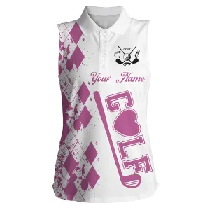 Women's Sleeveless Golf Polo Shirt Custom Name Pink Golf Clubs White Golf Shirt For Women Coolspod